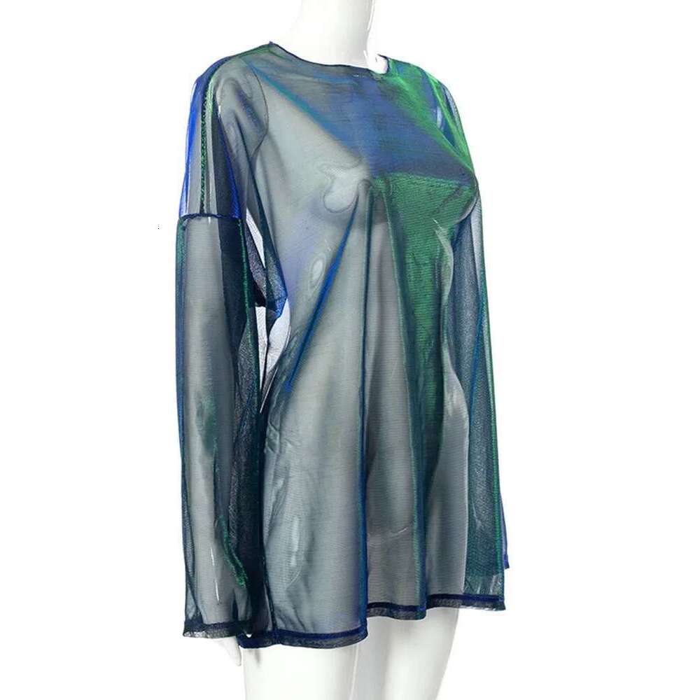 Solid See Through Tshirt Sexy Tops O-Neck Long Sleeve T Shirt For Women Clothing Club Y2k Aesthetic Egirl Tees