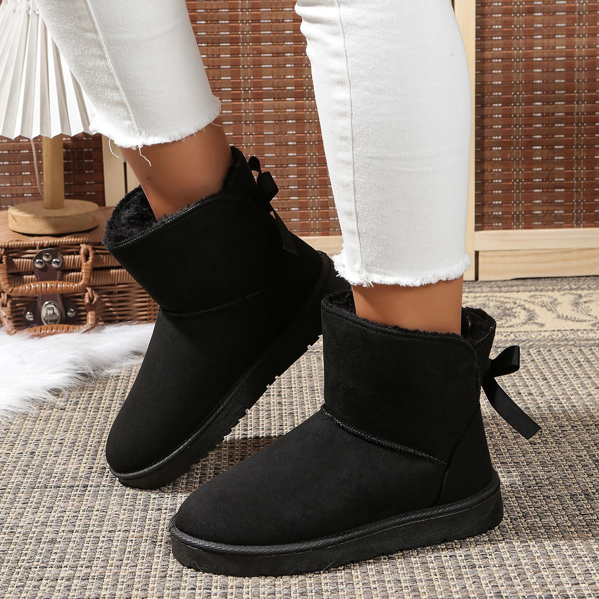Women Snow Boots Couples Ankle Boots Fashion Round Toe Bow Thick Plush Casual Comfortable Womens Boots 251113