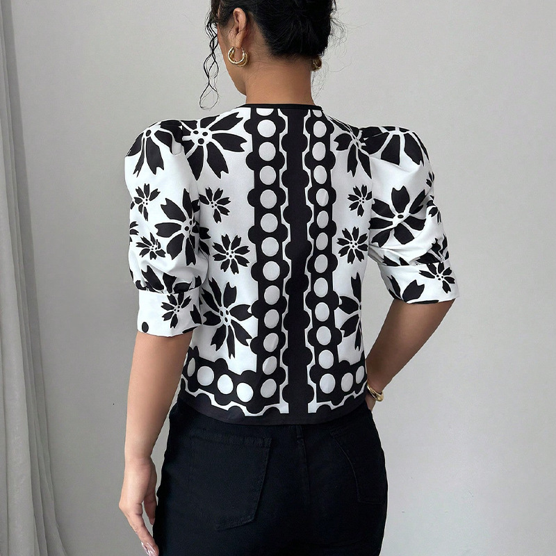 Half sleeve shirt 2025 summer new style French patterned lantern sleeve cardigan womens clothing