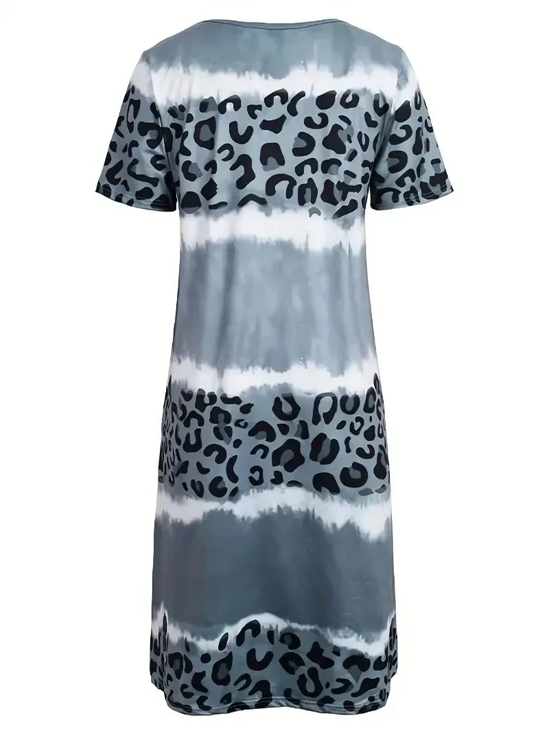 Womens fashionable casual dress short sleeved tie dye leopard Vneck mini elastic 250414Z