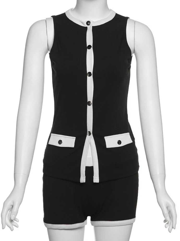 Weird Cat Rib Splicing Patch 2-piece Set Womens Single Chest Sleeveless Top+Elastic Shorts Daily Casual Trend Classic SetXJ250414