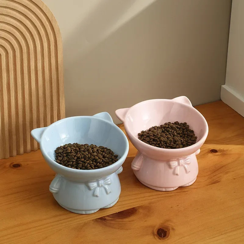 Ceramic Cat Bowl Combination Double Bowl High Feet Oval Mouth Neck Protection Drinking Water Dog Basin Cat Bowl Pet Supplies 250414