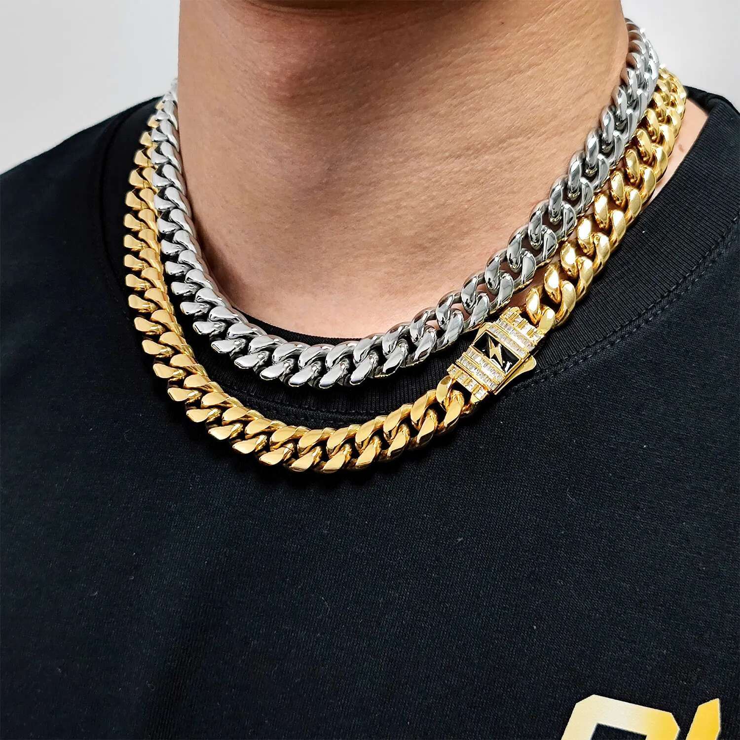 Hip Hop Jewelry 12MM Stainless Steel Cuban Link Necklace Brass Rectangle CZ Iced Out Bling Lightning Clasp For Men Women