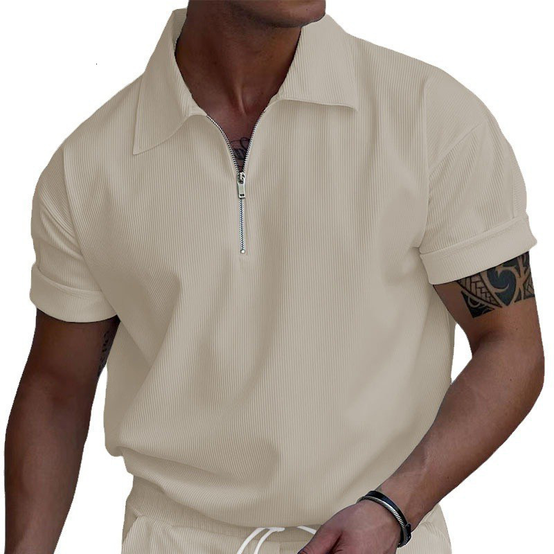 2025 Summer New Corduroy Zipper Polo Shirt Short sleeved T-shirt Men's