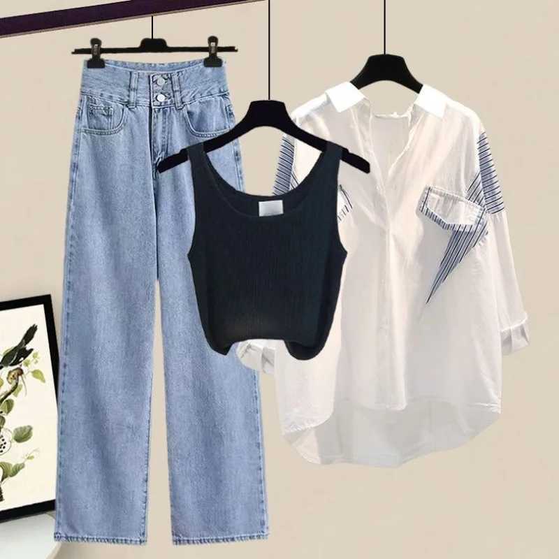 Womens spring and summer new long Sve shirt+vest+jeans 3-piece set Korean Ele open top jeans matching setXJ250414