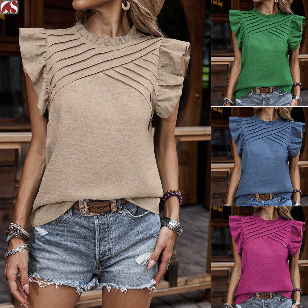 2025 Spring/Summer New Shirt with Lotus Leaf Sleeves, pleated top, pullover, short sleeved for women