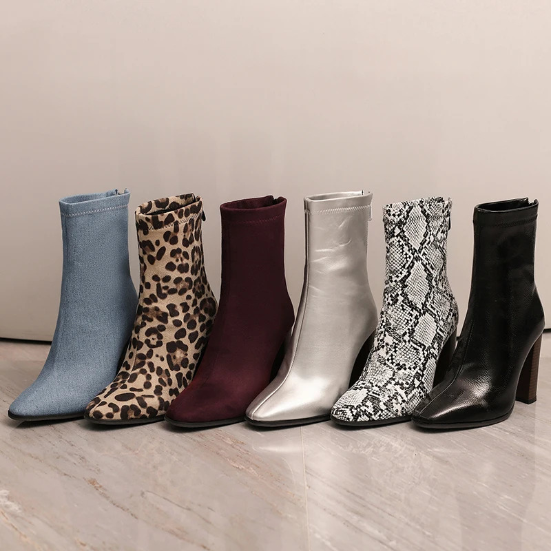 Kcenid Womens Fashion Denim Leopard Print Snakeskin Square Toe Ankle Boots Chunky High Heels Short Winter Boots Plus Size 49 50 251113