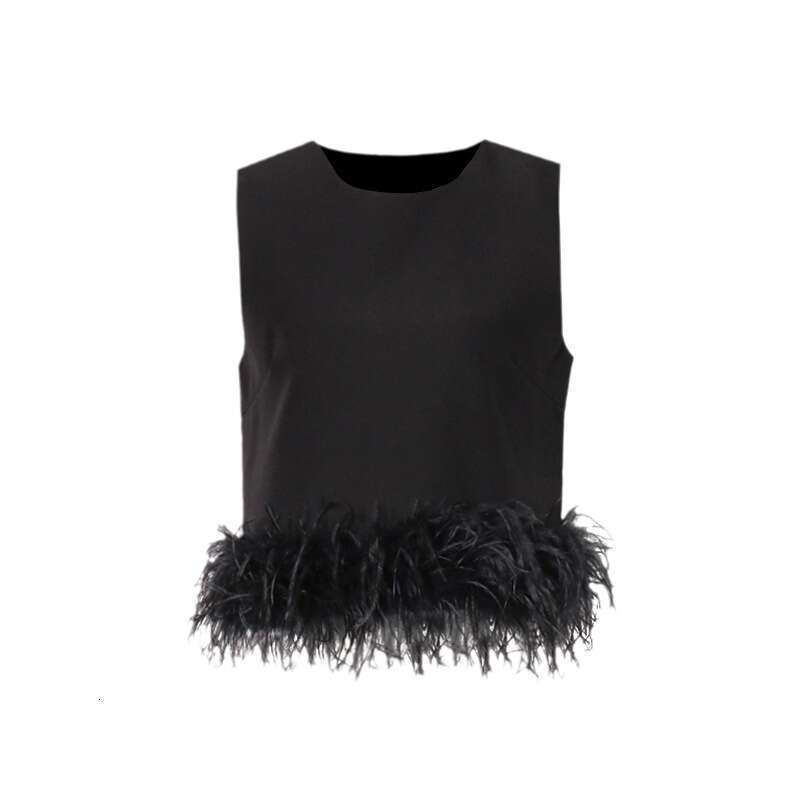 Designer Chic Solid Color Sleeveless Vest for Women - Sleek Spliced Ostrich Fur, Casual Wear