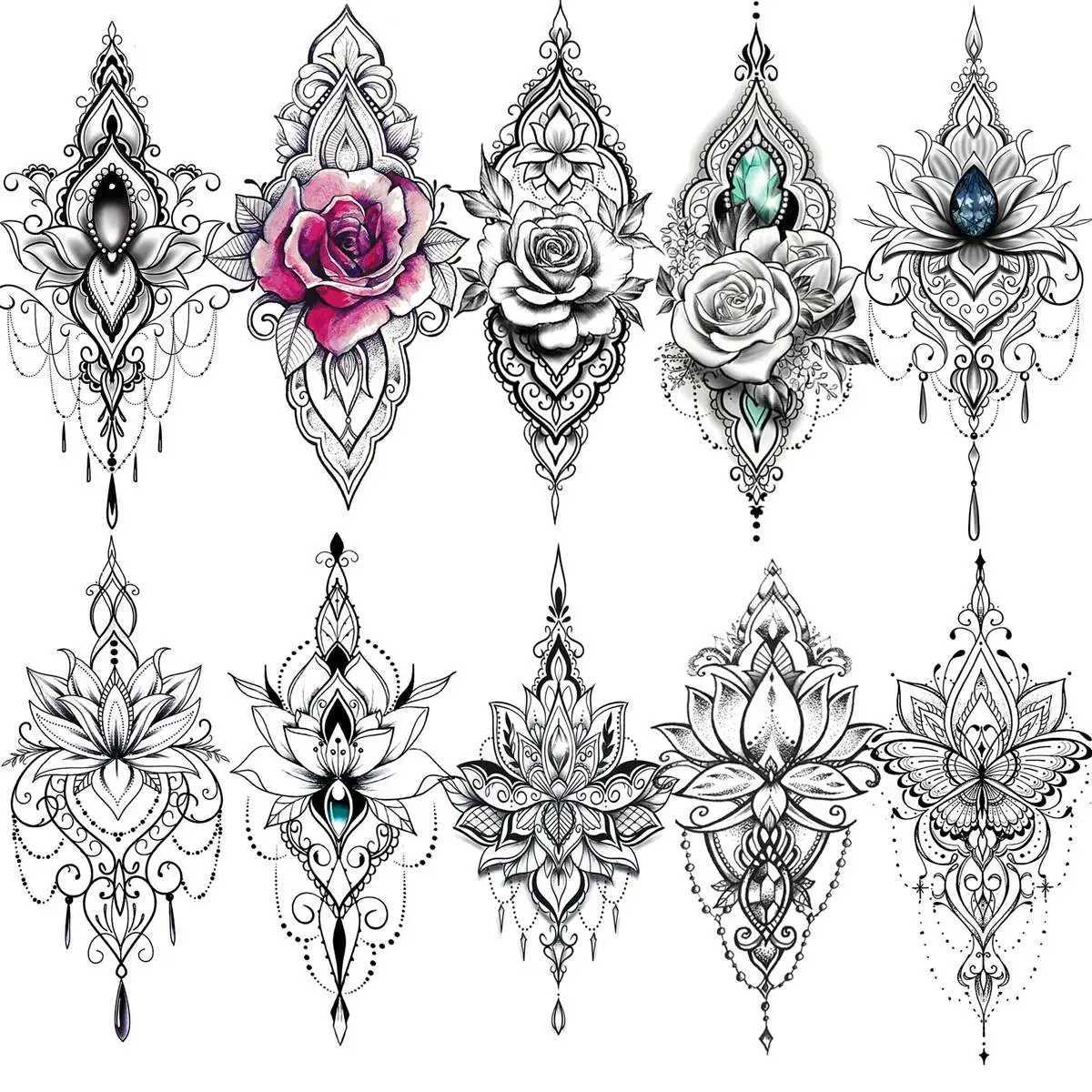 COTAK 10 Black Fingernail Flower Lotus Temporary Tattoo Female Lace Tattoo Stickers Mandala Flower Butterfly Rose Tattoo AdultXJ25414