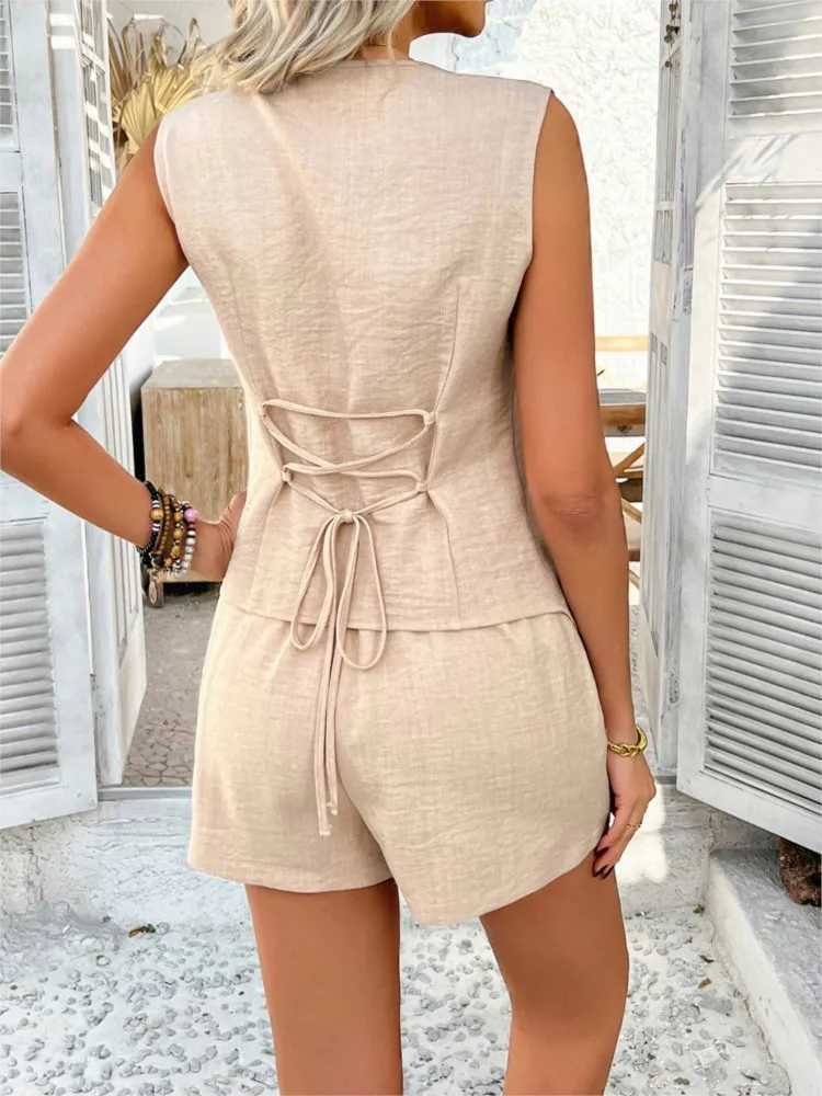 Spring and summer casual solid color vacation button open vest shorts set womens new fashion Ele casual 2-piece setXJ250414