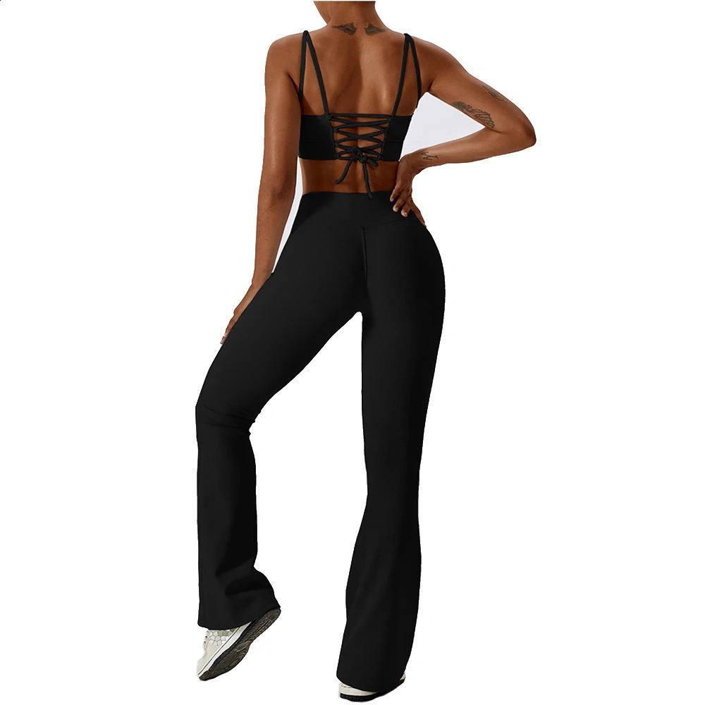Women Soft Compression Elastic V Cut Ribbed Dance Flare Pants and Bra Set New Solid Color Gym Fitness Yoga Set 250414