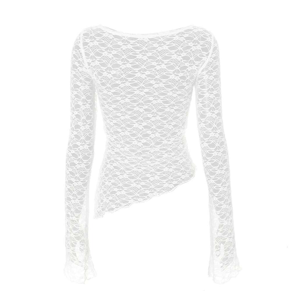 hirigin Sexy Lace Long Sleeve T Shirts Fashion Women Knitted Perspective Autumn Tees Tops Clothes Streetwear Y2K Slim T-Shirt