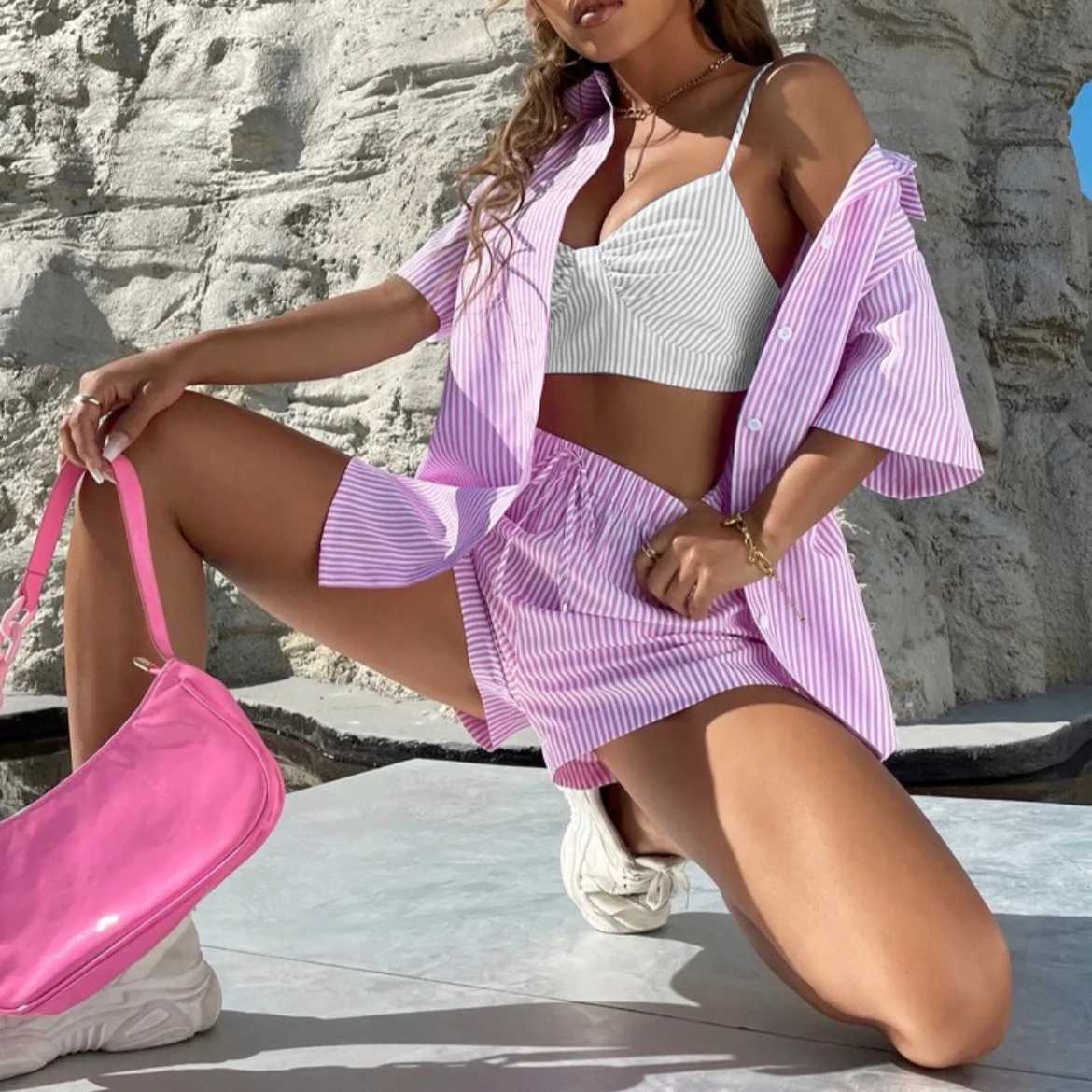 Womens striped printed two-piece short outfit spring casual revolving door collar half Sve shirt short outfit summer streetwearXJ250414