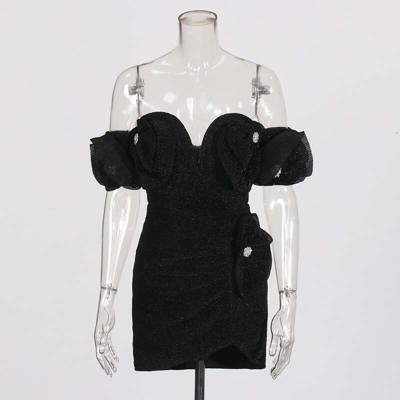 Designer Sophisticated Niche Splice One-Shoulder Short Dress with Sparkling Diamond Details for Women