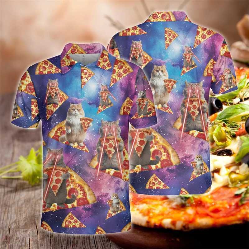 Fashion design Pizza 3D printing mens polo shirt Harajuku animal short sleeved Hawaiian vacation beach polo shirt top W250414