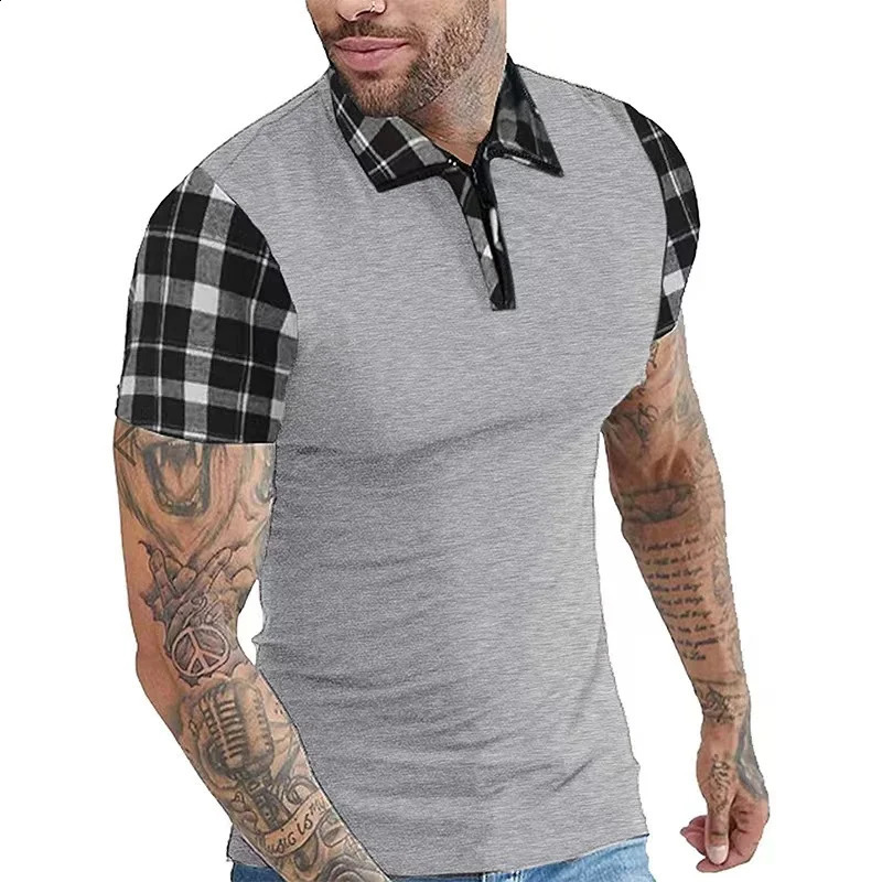 summer oversized mens checkered work short sleeved mens T-shirt casual solid color polo shirt 250409