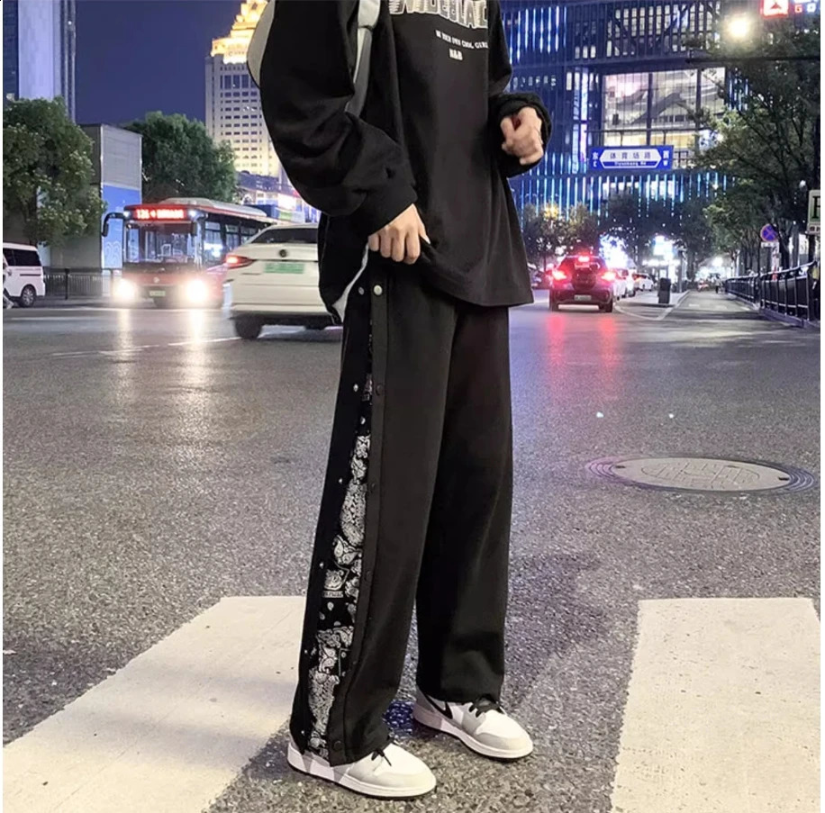 Breasted Pants Boys Fashion Straight Tube Trend Baggy Handsome High Street Hip Hop Wide Leg Open Hemp Flower Casual Sports 250411