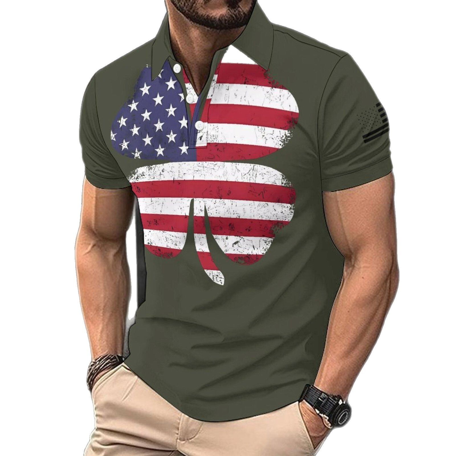Digital printed button up collar t-shirt casual bird eye fabric top short sleeved men's polo shirt summer