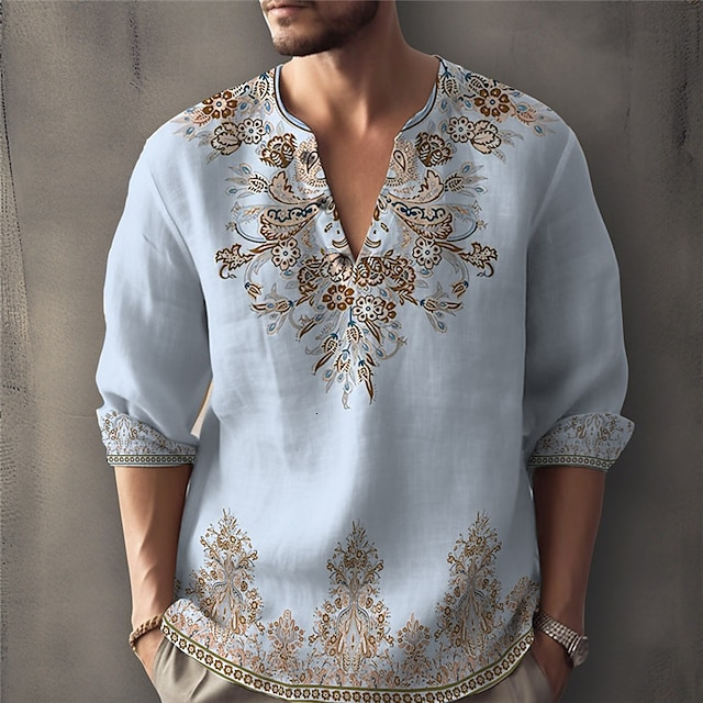 2025 Men's New Mid Sleeve Autumn Loose Ethnic Style Printed Casual T-shirt with Large V-neck