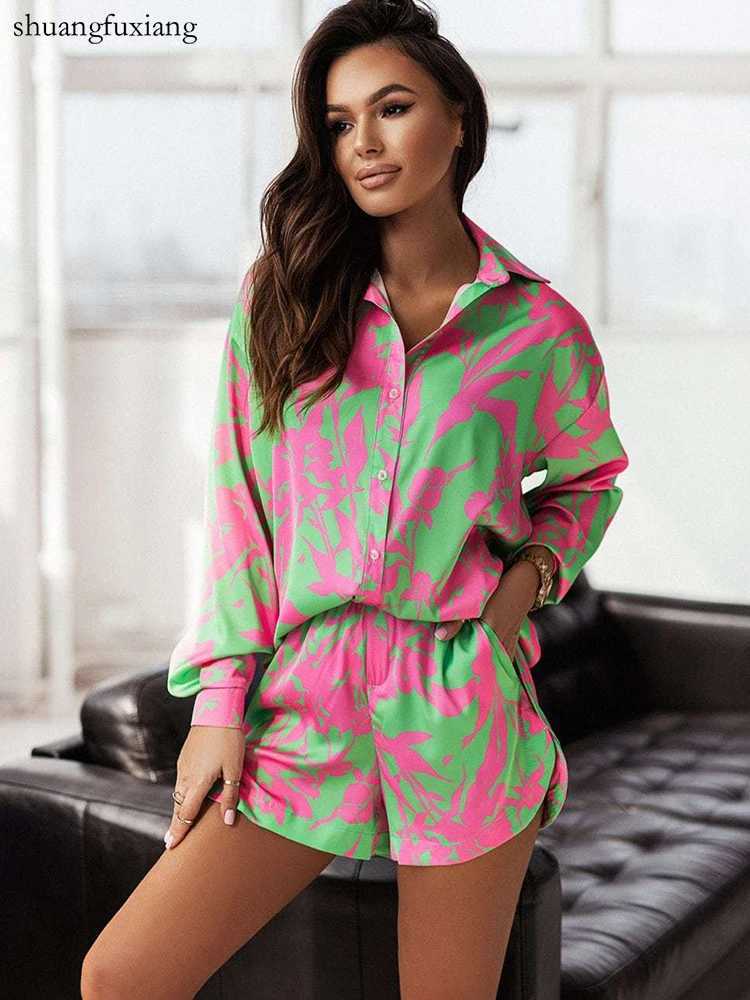 Casual Bohemian Holiday Printed Shorts Set Womens Long Sve Shirt and Shorts Two Piece Set Summer Button Shirt Two Piece SetXJ250414