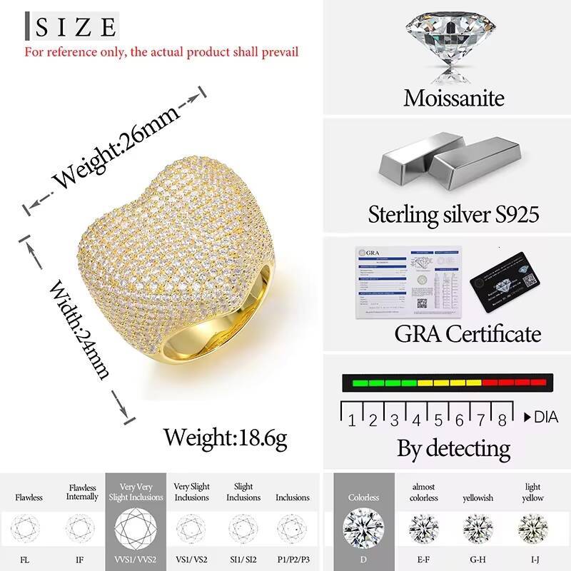 Men Heart Silver 925 Ring Moissanite For Men Hip Hop Jewelry RINGS Gold Color Bling Cubic Moissanite Fashion Rock Gift