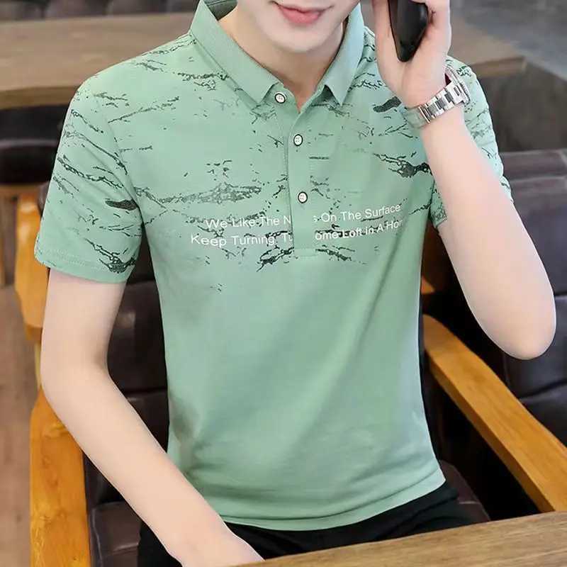 Fashion collar button printed letter short sleeved polo shirt for mens 2024 summer new loose Korean top casual T-shirt W250414