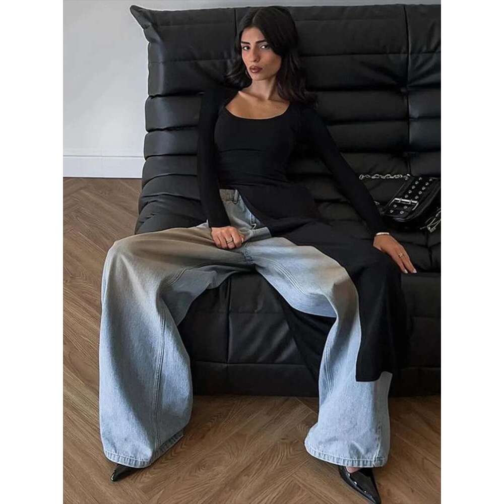 Nibber Classic Women Long Top Irregular Autumn Simple Temperament Trend Solid Street Casual Special Stretchy Chic Fit Tees