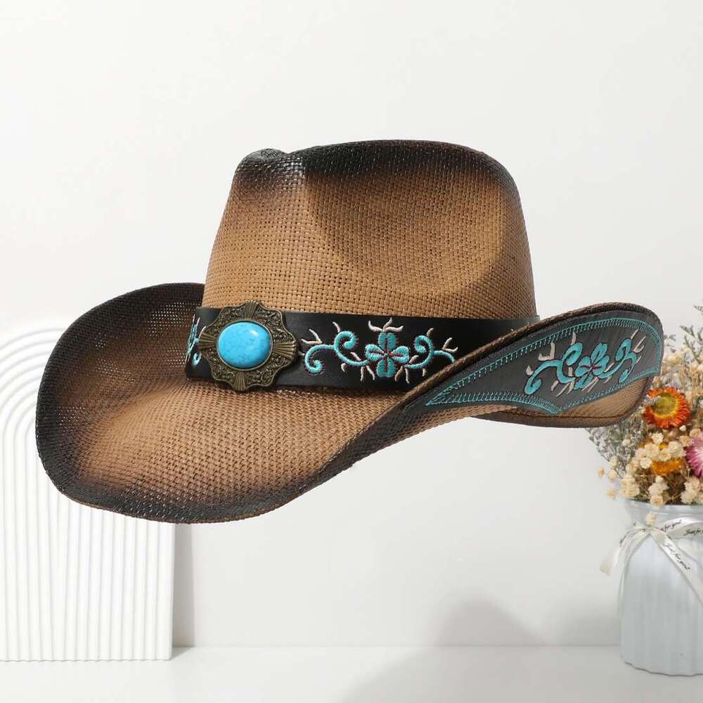 Cowboy Belt Accessories, High-End Embroidery, Large Eave Jazz Western Straw Hat, Woven, Unisex