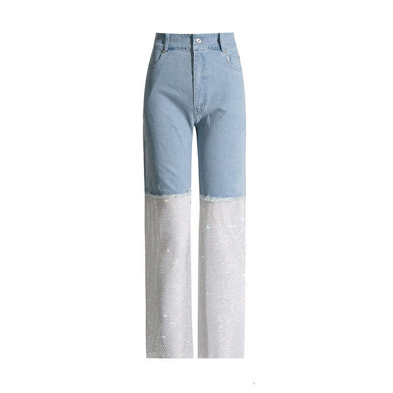 Designer Elegant Niche Fashion Women's Denim - High-Rise Straight Fit with Unique Mesh and Diamond Accents