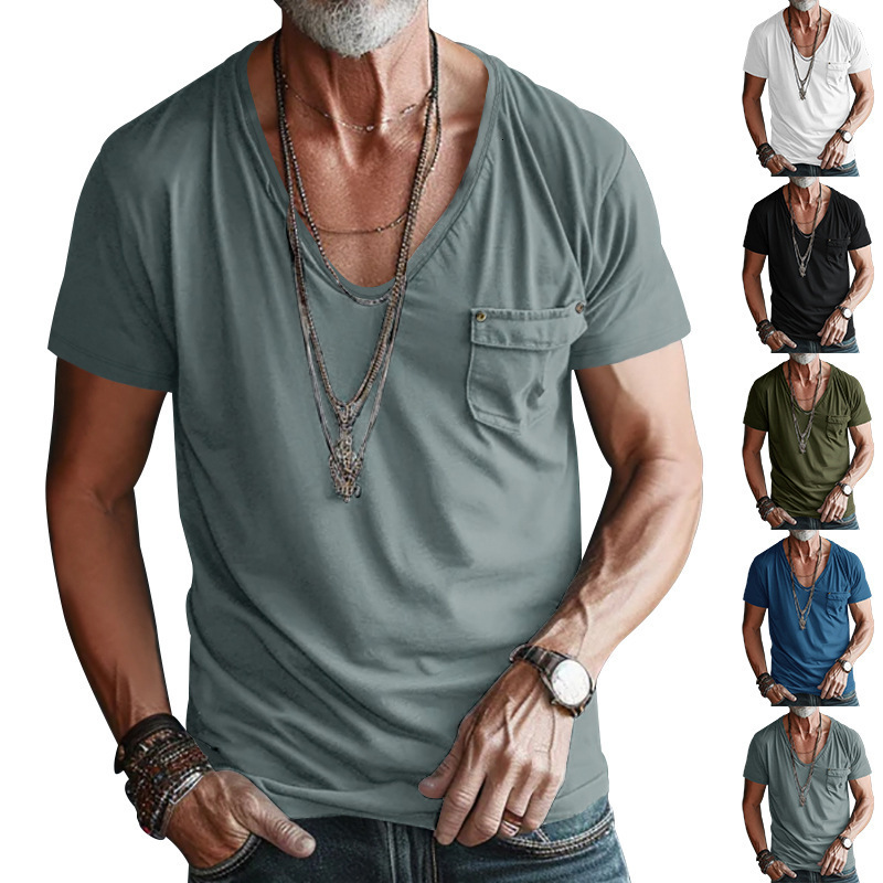 Mens pocket t-shirt clothing mens V-neck solid color plus size casual short sleeved t-shirt