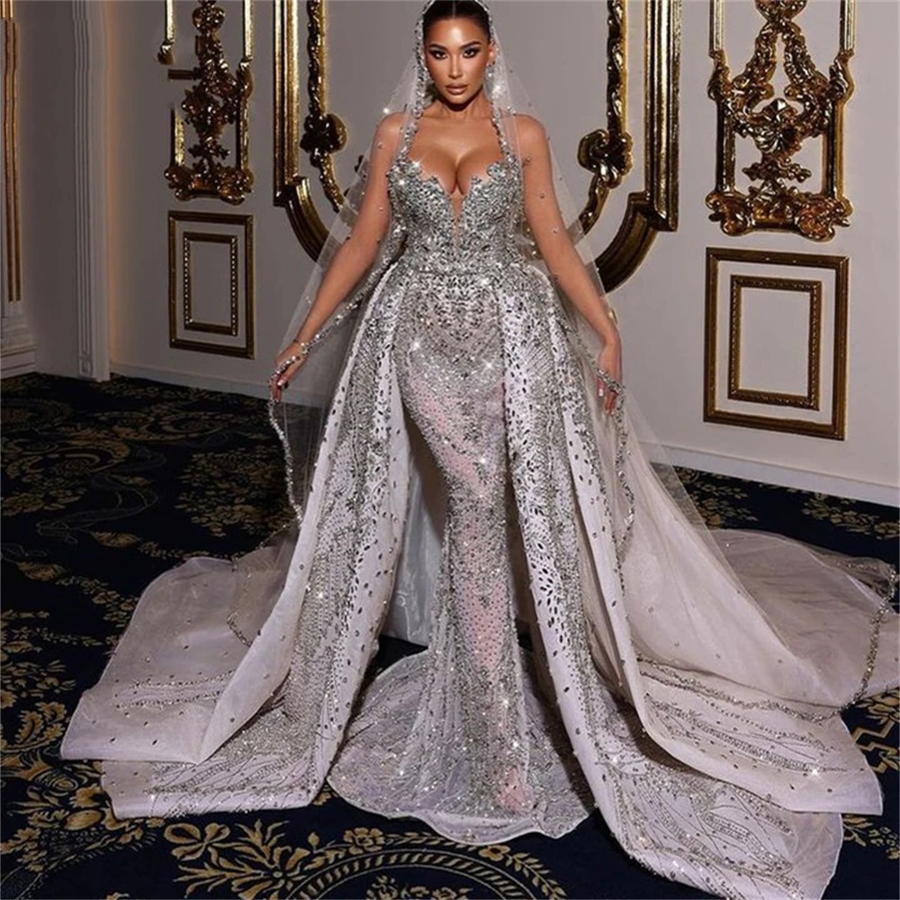 Luxurious Halter Mermaid Wedding Dresses Beaded Crystal Sleeveless Bridal Gowns Detachable Train Robe De Mariee Customized