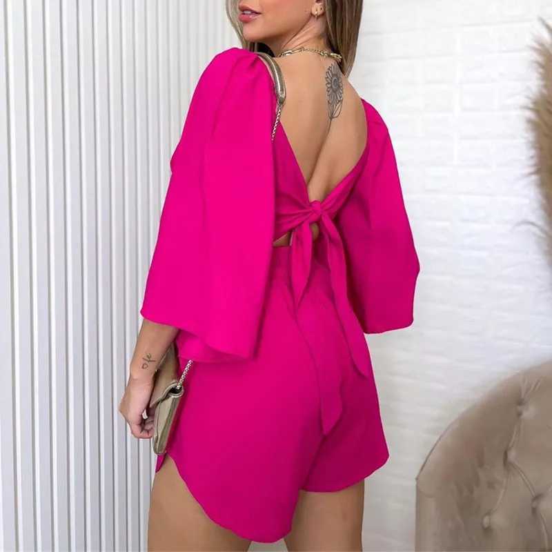 2024 Summer Fashion Solid Two Piece Set Womens Sexy Backless Lace Top V-neck Flare Sve Shirt Top+Loose Shorts SetXJ250414