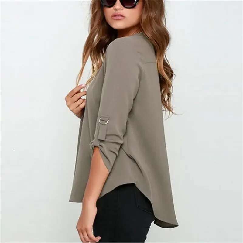 Blouses Long Female Fashion Plus Size Women's V-neck Long-sleeved Ruffled Sleeve Loose Chiffon Shirt