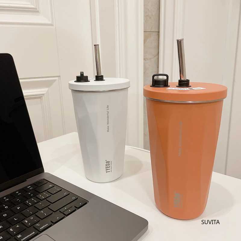 TYESO 600ML Stainless Steel Thermos Water Bottle Vacuum Flask With Retractable Straw Cold Hot Drink Car Thermos Mug Tumbler C251114