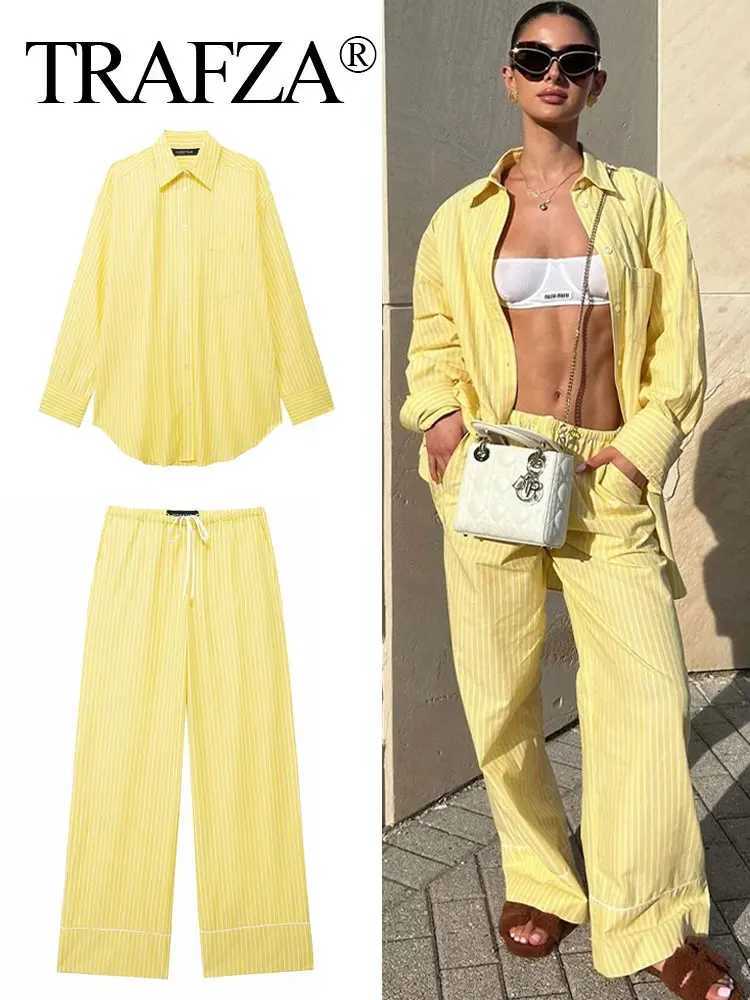 TRZA Womens Yellow Striped Shirt Pants Set Loose Long Sve Shirt Drstring Trousers 2024 Fe Fashion Street Clothing SetXJ250414