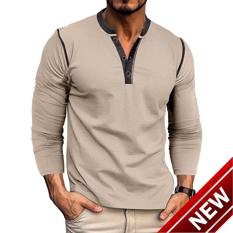 2025 autumn and winter mens Henleys collar pullover long sleeved T-shirt mens three button color blocked Henleys