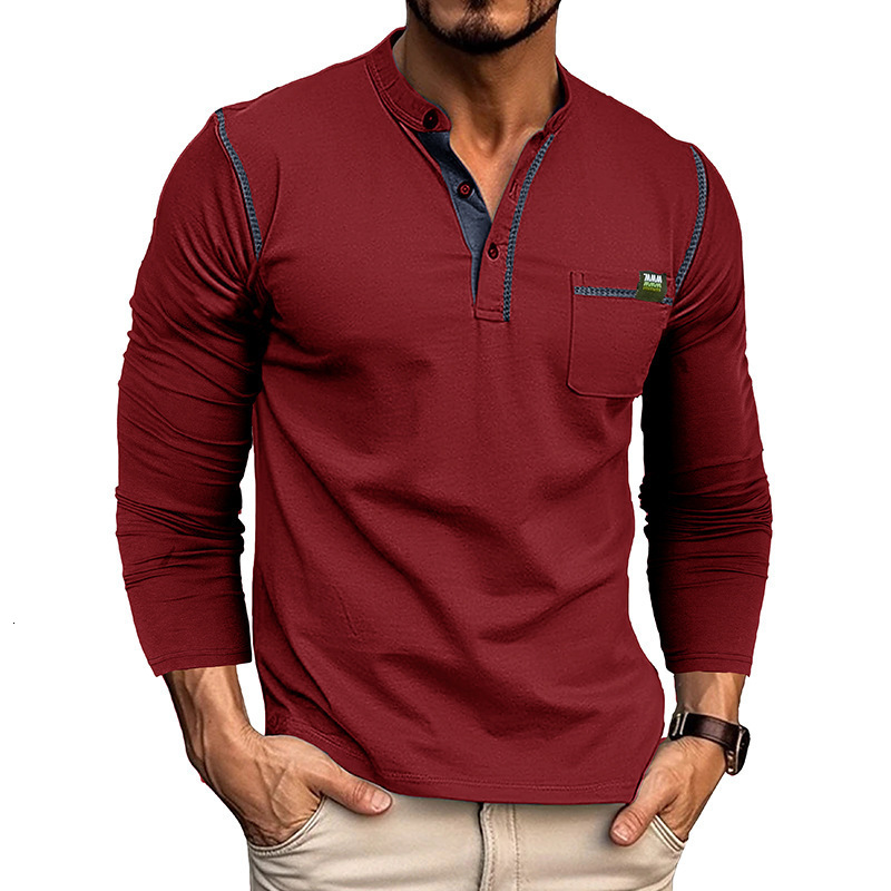 2023 Autumn and Winter Mens Wear Long Sleeve Mens T-shirt Mens Henry Shirt Colored T-shirt Mens