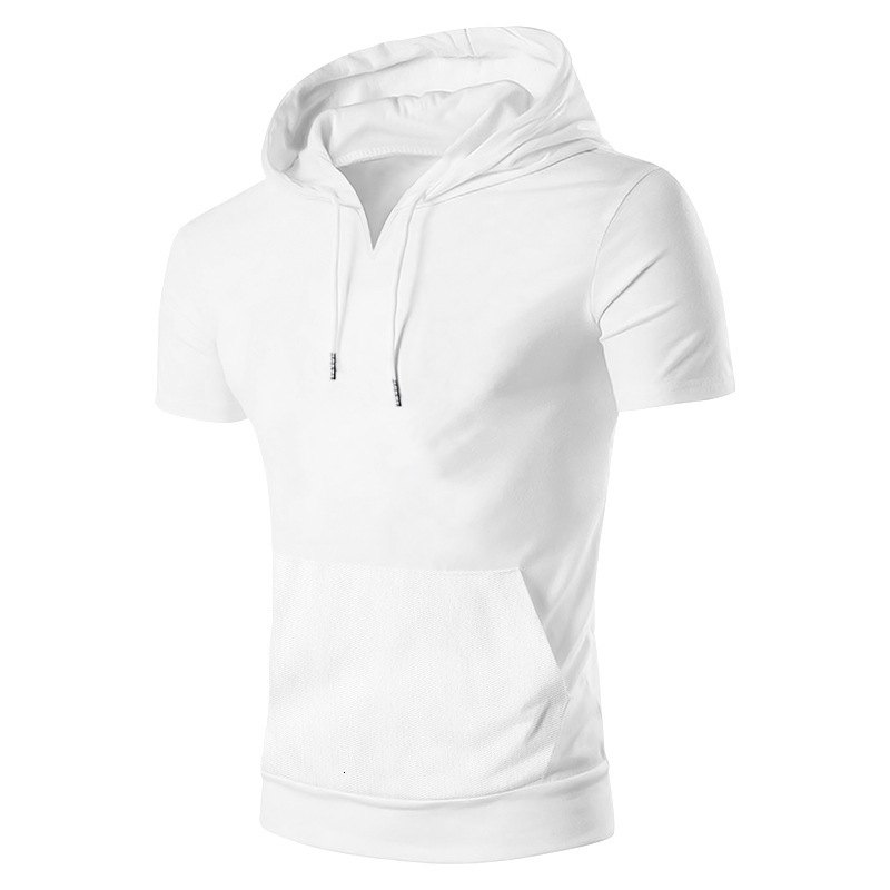 2025 Sports and Fitness Short sleeved T-shirt Men's Hoodie Sticked Pocket Fit Top