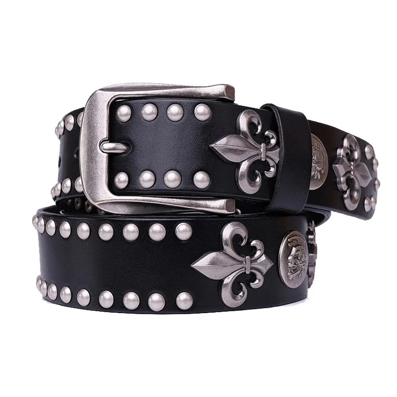 Genuine Leather Heavy Metal Rivet Punk Belts For Men Rock Stud Cowboy Belt Men Ceinture Homme Waist Belt Cinturon Mujer 250403