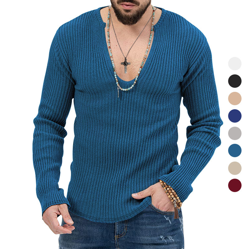 Men's clothing 2025 autumn and winter new sweater knitted solid color slim fit V-neck men's long sleeved T-shirt