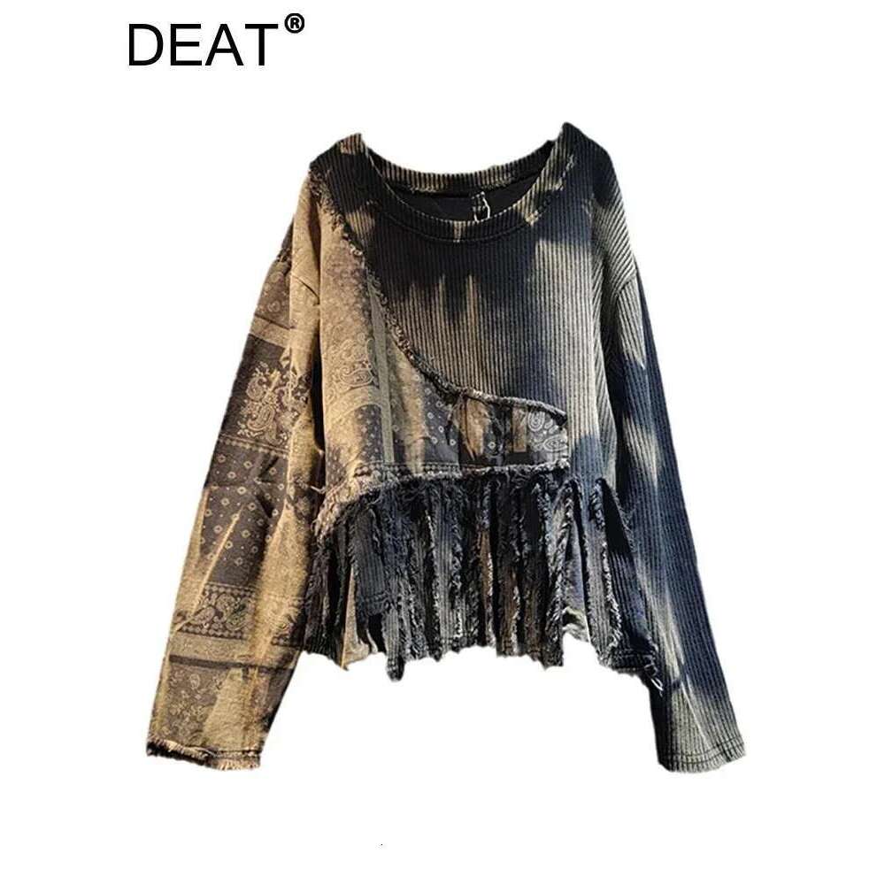 DEAT Women Pullover Knitted Distressed Tie-Dye Printed Black Vintage Tassel Long Sleeve Sweater Spring 2025 New Fashion 11A0969