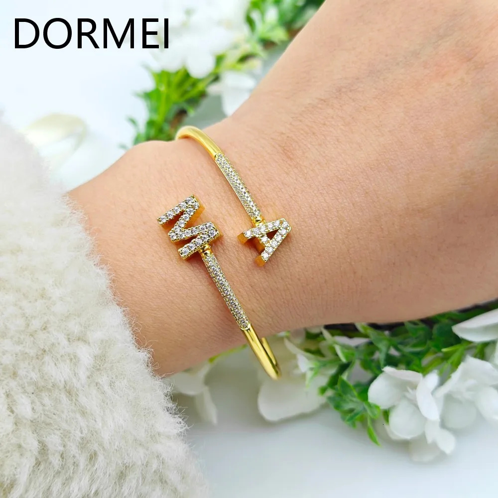 DOREMI Elegant Women Custom Initial Letters Charms Bracelet Full Cz Letters Staggered Bangle 250408