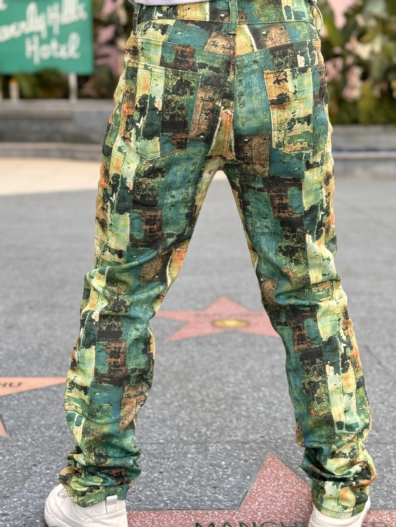 Y2K Mens Denim Jeans Patch Series Fashionable Street Hip Hop Style Regular Suitable for Green Cotton Blended 250407