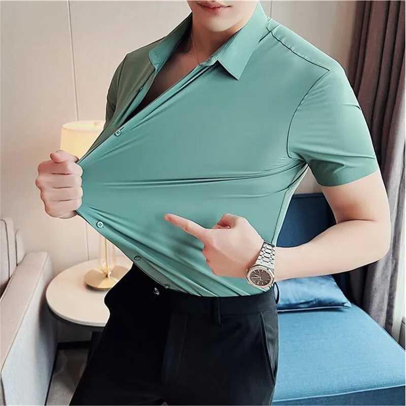6-color high-quality new solid high elasticity seamless short sleeved mens slim fit casual business formal dress W250414