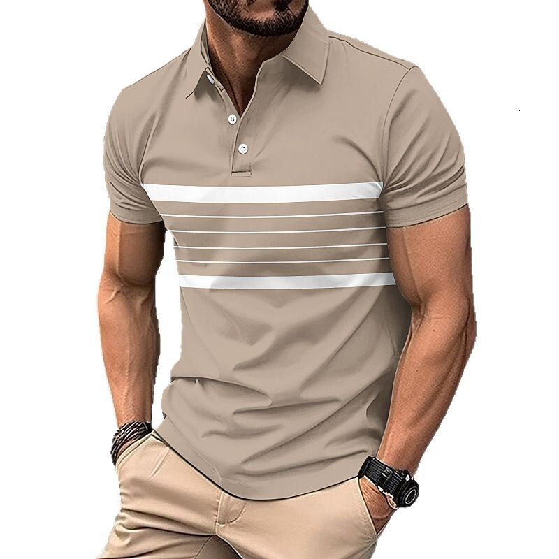 New digital printed striped polo shirt for summer V-neck button mesh fabric versatile men's t-shirt