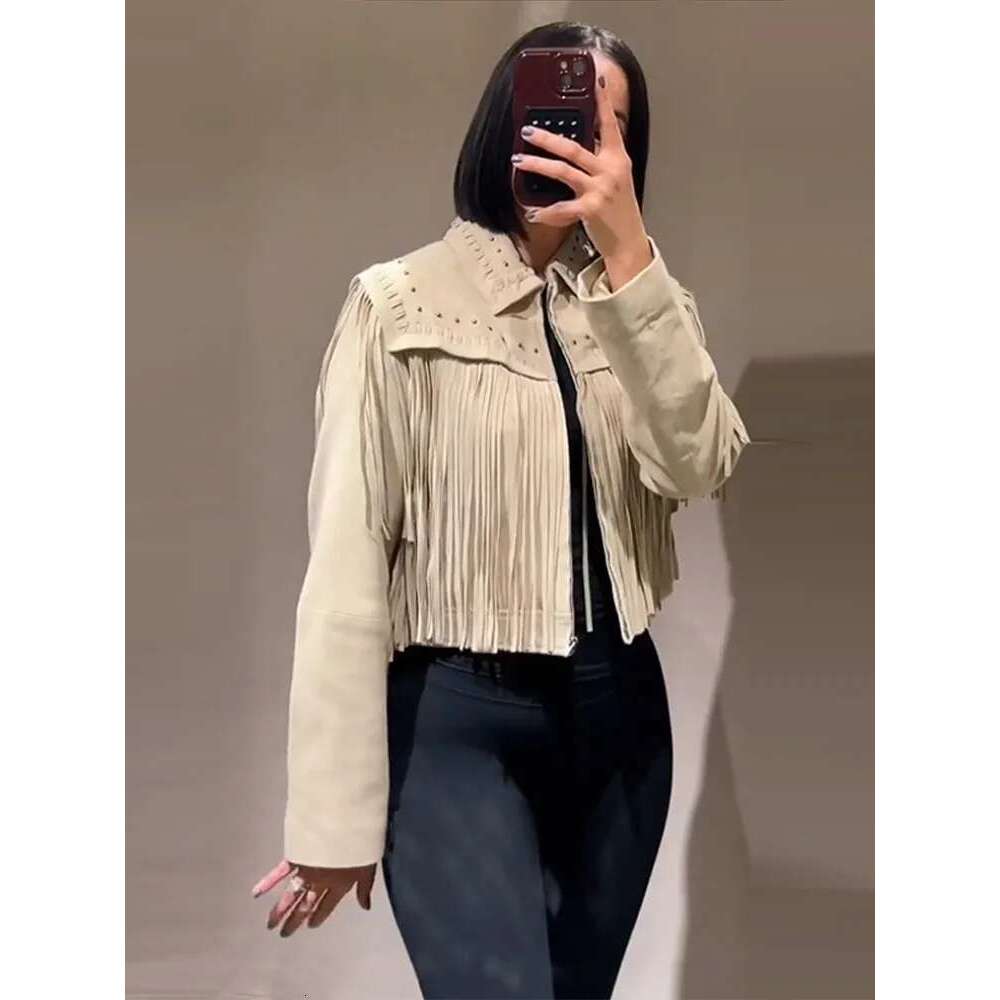 Tassel Suede Jacket Cardigan Coat Fringe Woven Retro Casual Lapel Collar Slim Fit Fashion Street Women Short Outwear Top Spring