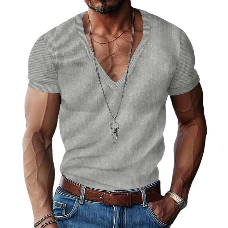Mens corduroy short sleeved summer mens V-neck solid color slim fit casual T-shirt mens top