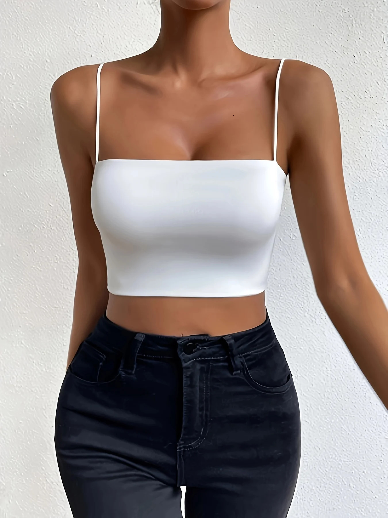 Fashionable solid spaghetti shoulder strap Cami crop top plain weave sleeveless backless n lightweight stylish and avantgarde womens clothing 250414Z