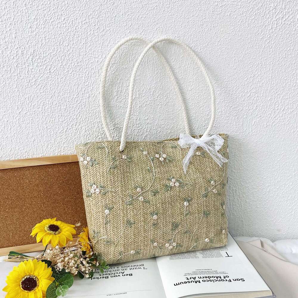 Handmade Beach Bag Grass For Women's New Versatile Small Fresh Bow Tie Lace Portable Shoulder Popular Woven Tote Bag Kq2
