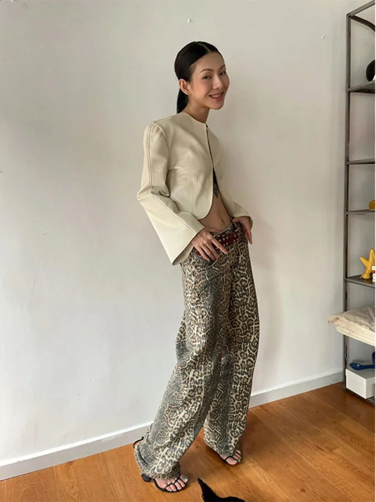WCFCX STUDIO Leopard Print Womens Y2K Retro Street Loose American Laundry Casual Girls High Waist Straight Jeans 250410